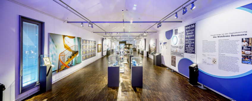 Blick in den Ausstellungssaal mit Vitrinen in der Raummitte und Bild-Text-Spannwänden an den Wänden links und rechts.