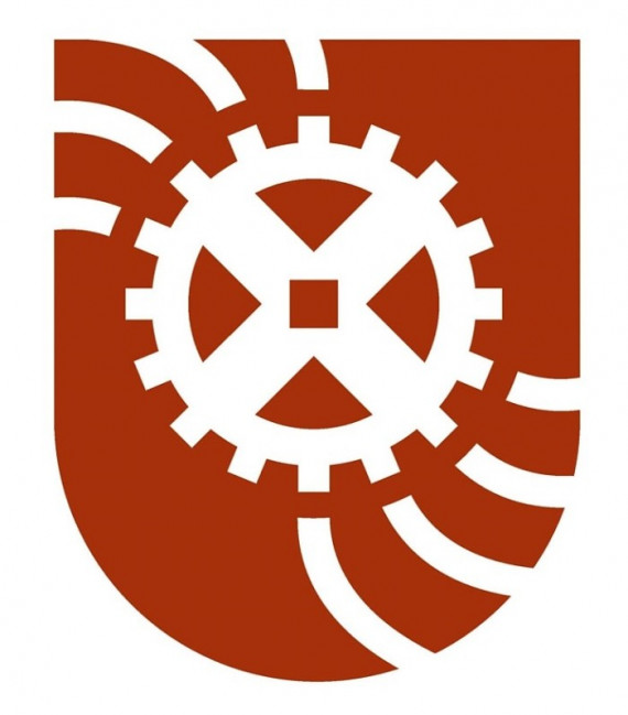 Logo der Bayerischen Eisenstraße in Wappenform mit einem weißen Zahnrad und weißen wellen auf braunem Grund