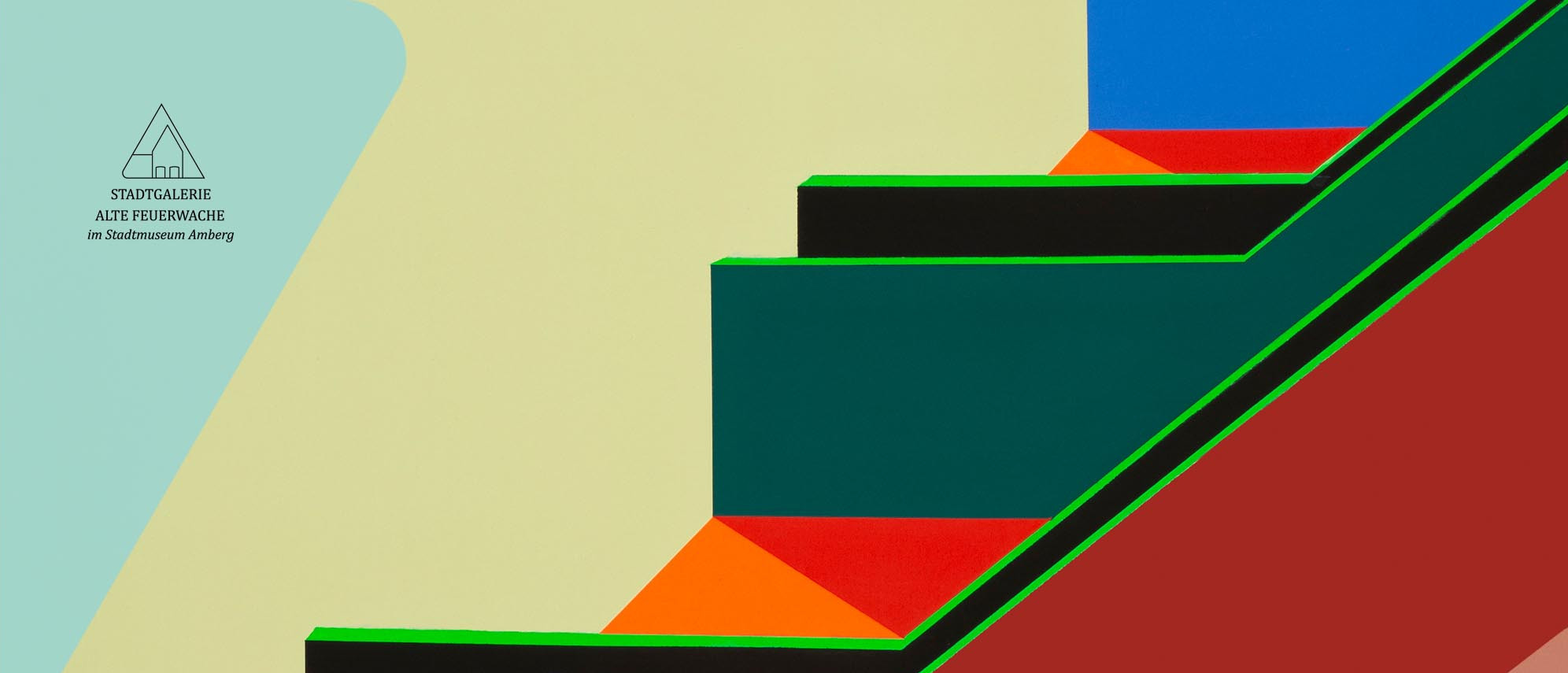 Detail aus einem Kunstwerk von Sandra Tröger mit treppenartig gestuften Rechtecken und Trapezen in verschiedenen Farben.