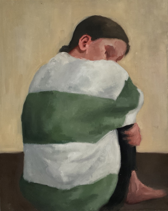 Gemaltes Selbstporträt, sitzend, in einem grün-weißen Pulli, mit dem Rücken zum Betrachter.