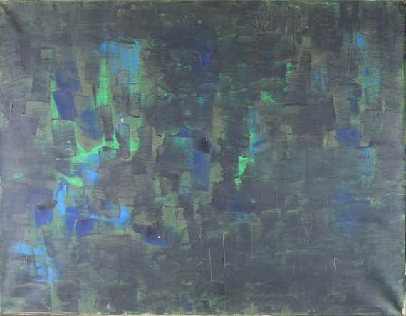 Abstrakte Komposition mit kurzen Pinselstrichen in dunklen Grün- und Blautönen.