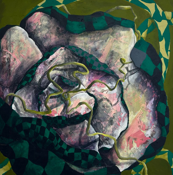 Detailausschnitt eines abstrakten Gem&auml;ldes in Gr&uuml;n- und Rosat&ouml;nen.