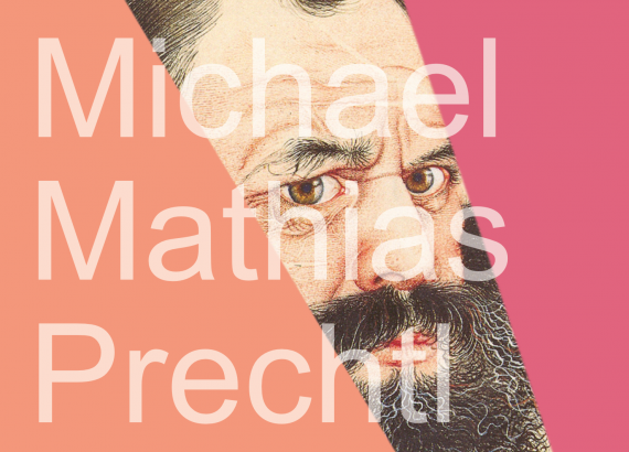 Selbstbild von Michael Mathias Prechtl, das von einem orangefarbenem und einem pinken Dreieck &uuml;berschnitten ist und von Text &uuml;berlagert.