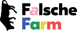 Bild-Text-Logo: Schwarze Kuh nach links gedreht und das Wort Falsche Farm